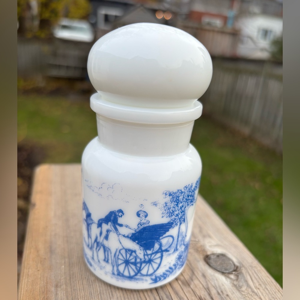 Vintage Milk Glass Blue & White Apothecary Jar Container-Belgium